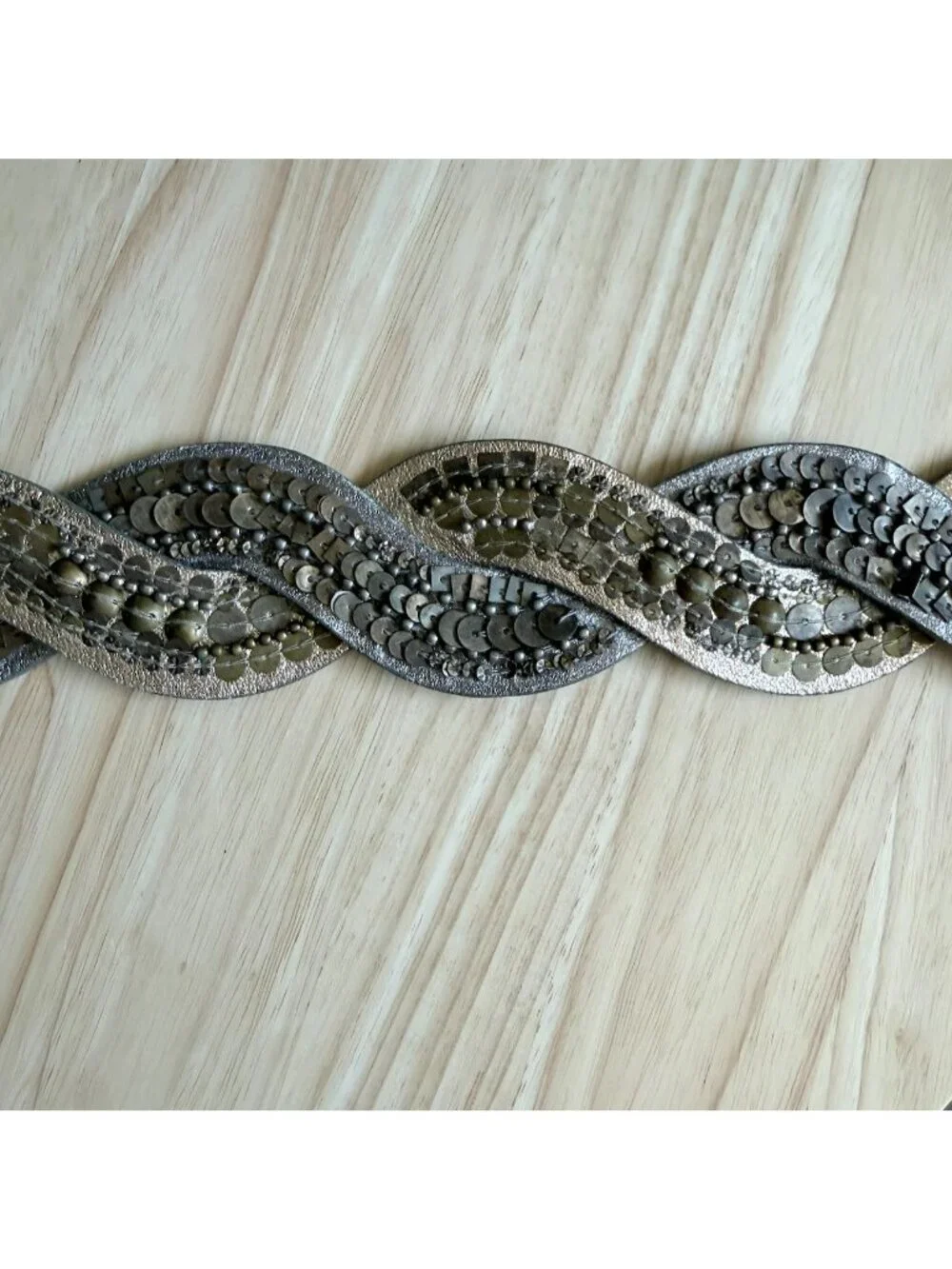 Vintage Womens Leather Belt L Fashion Braided Metallic Gold & Silver Sequins 45